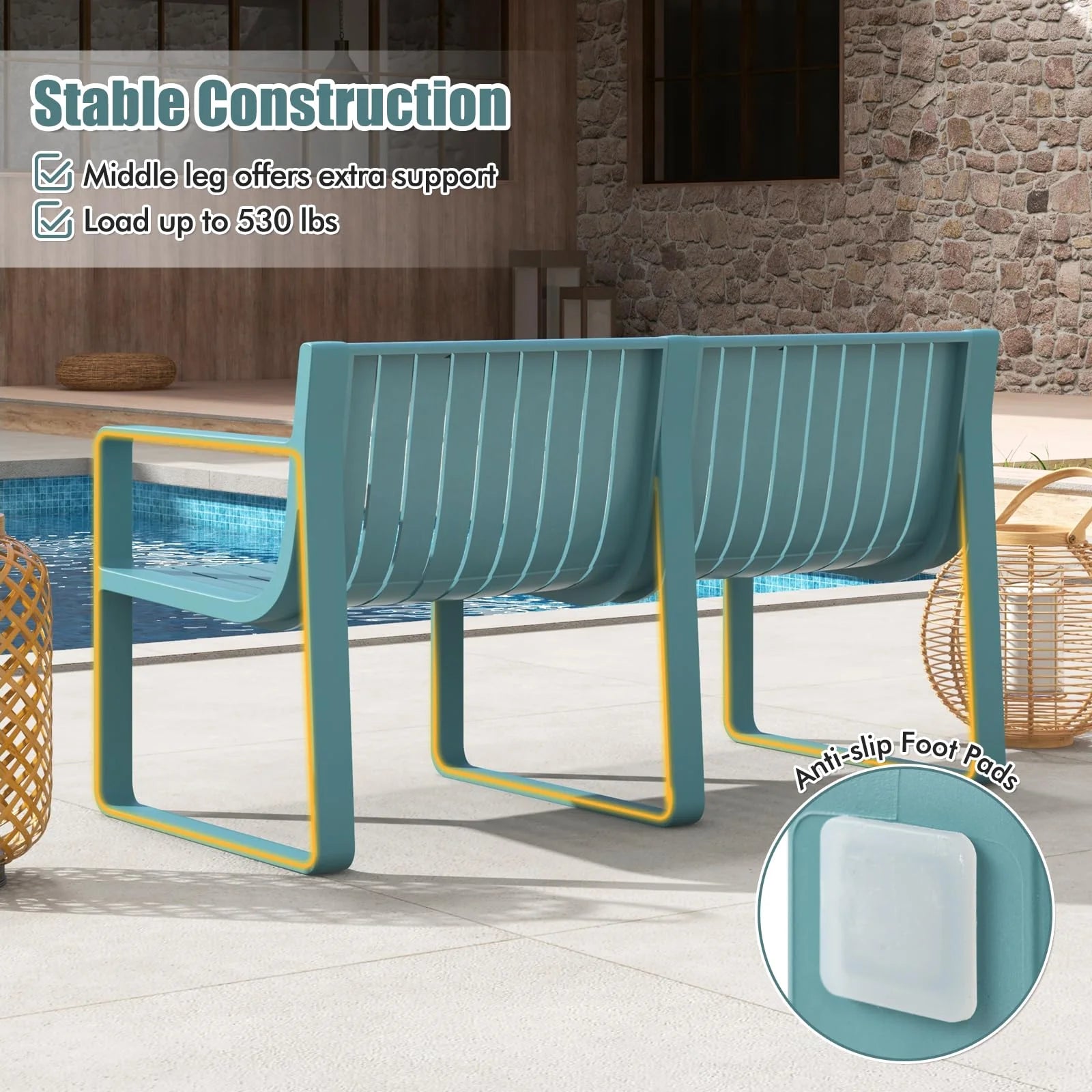 All-Weather Plastic Outdoor Patio Bench, 2-Person Garden Loveseat with Curved Backrest & Slatted Design for Backyard, Poolside, Deck