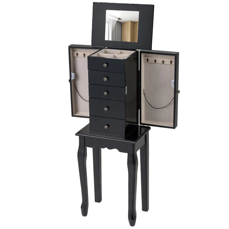 Standing Jewelry Armoire Cabinet with Flip Top Mirror, 4 Drawers, 8 Necklace Hooks & 2 Side Doors, Jewelry Storage Organizer Chest for Bedroom