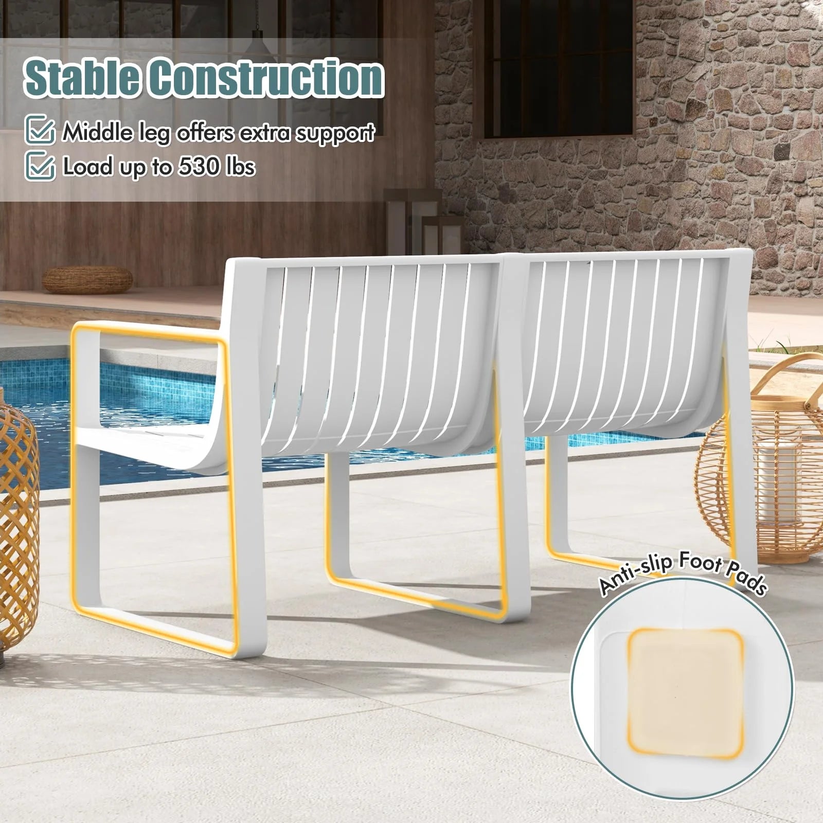 All-Weather Plastic Outdoor Patio Bench, 2-Person Garden Loveseat with Curved Backrest & Slatted Design for Backyard, Poolside, Deck