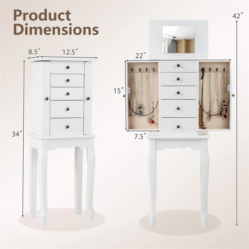 Standing Jewelry Armoire Cabinet with Flip Top Mirror, 4 Drawers, 8 Necklace Hooks & 2 Side Doors, Jewelry Storage Organizer Chest for Bedroom