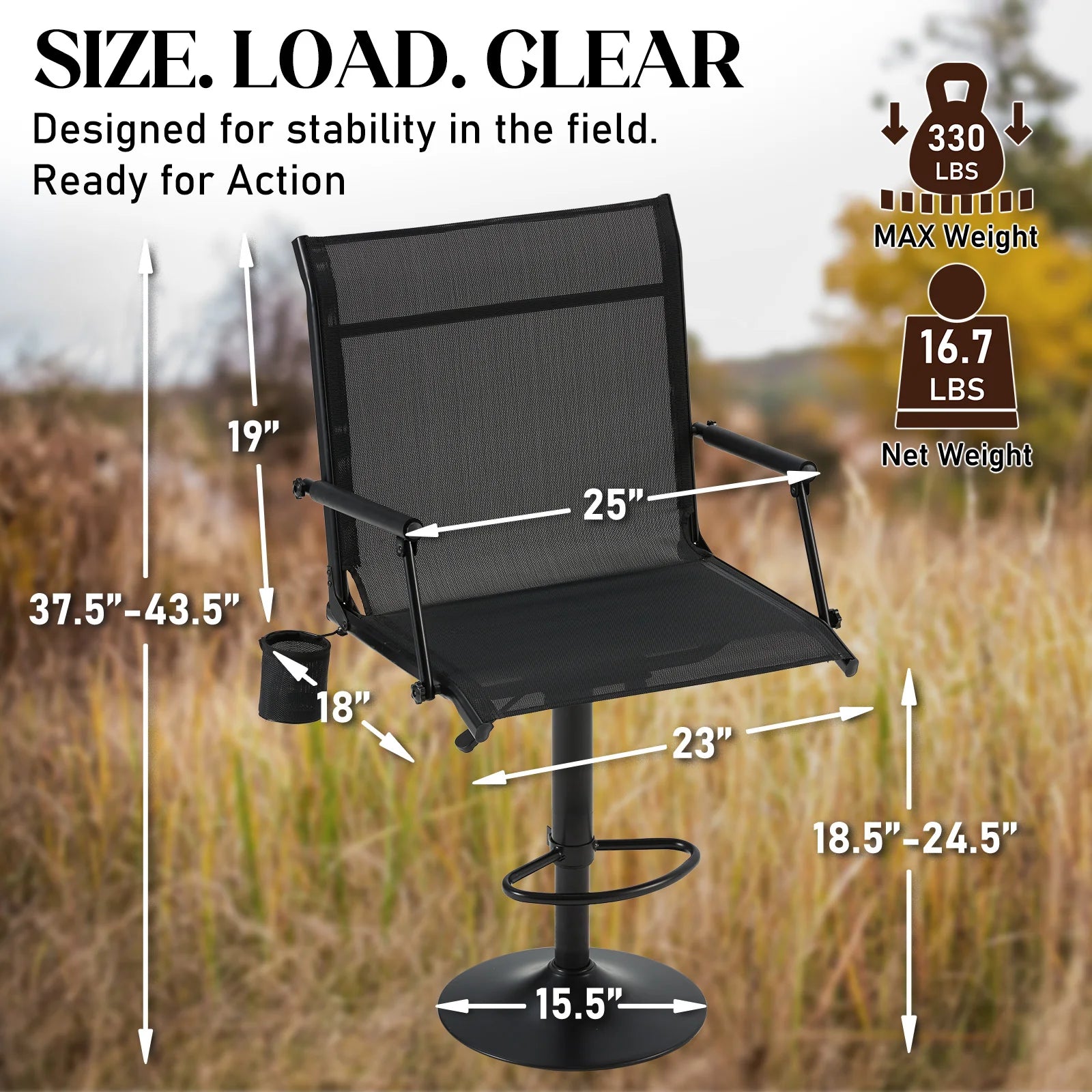 AECOJOY Tall Hunting Bar Chair, 360° Swivel, Compact Folding Design for Hunting Blinds