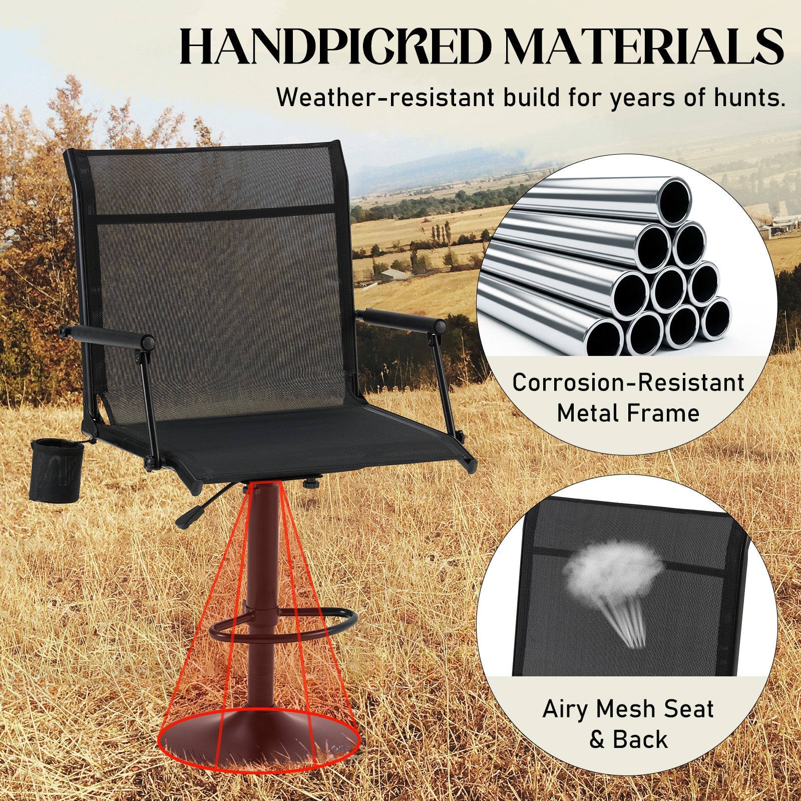AECOJOY Tall Hunting Bar Chair, 360° Swivel, Compact Folding Design for Hunting Blinds