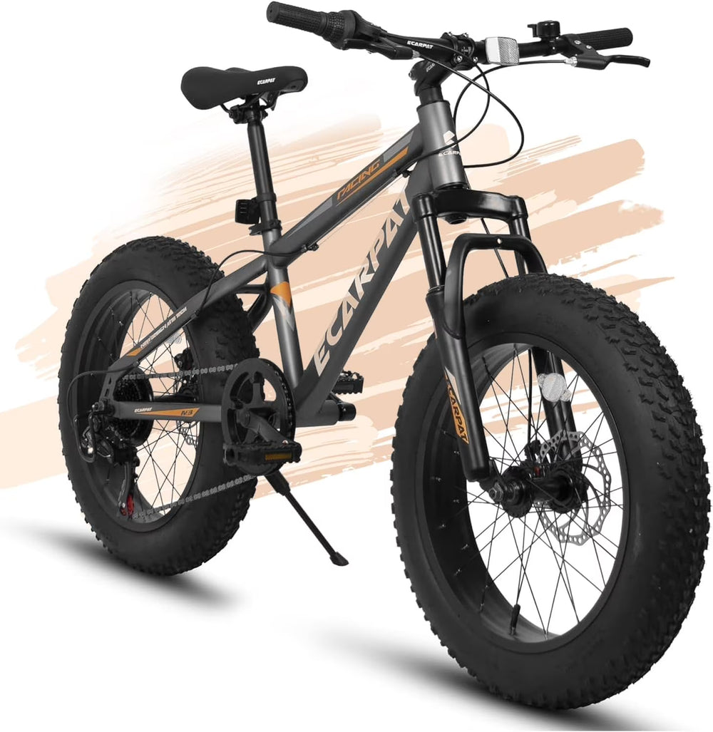 20 in Mountain Bike for 7 - 15 Years Old, 7 Speed Kids Bike with High Carbon Steel Frame, Fat Tire and Dual Disc Brake, Front Suspension Mountain Bicycle Gift for Boys Girls, Grey - Orange