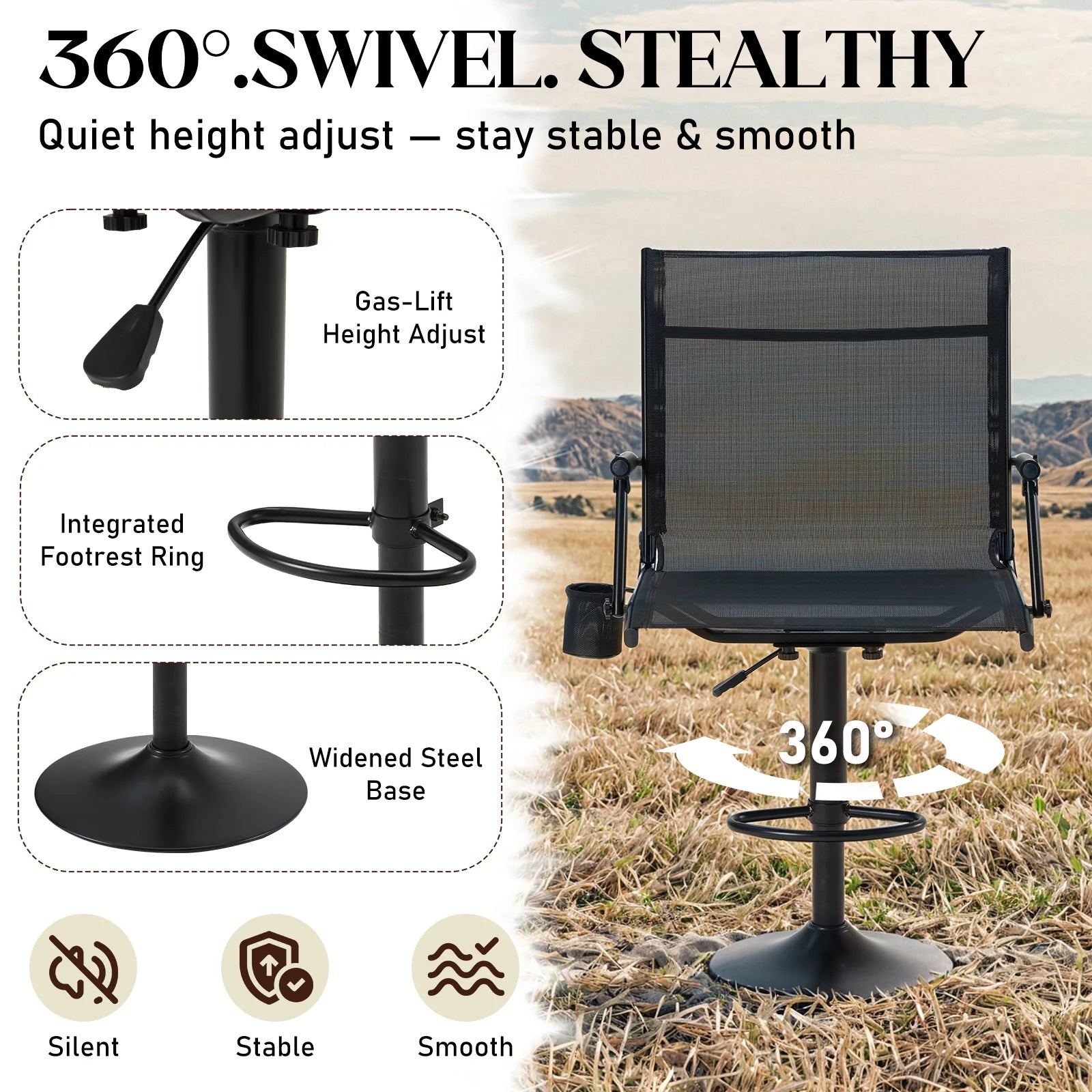AECOJOY Tall Hunting Bar Chair, 360° Swivel, Compact Folding Design for Hunting Blinds