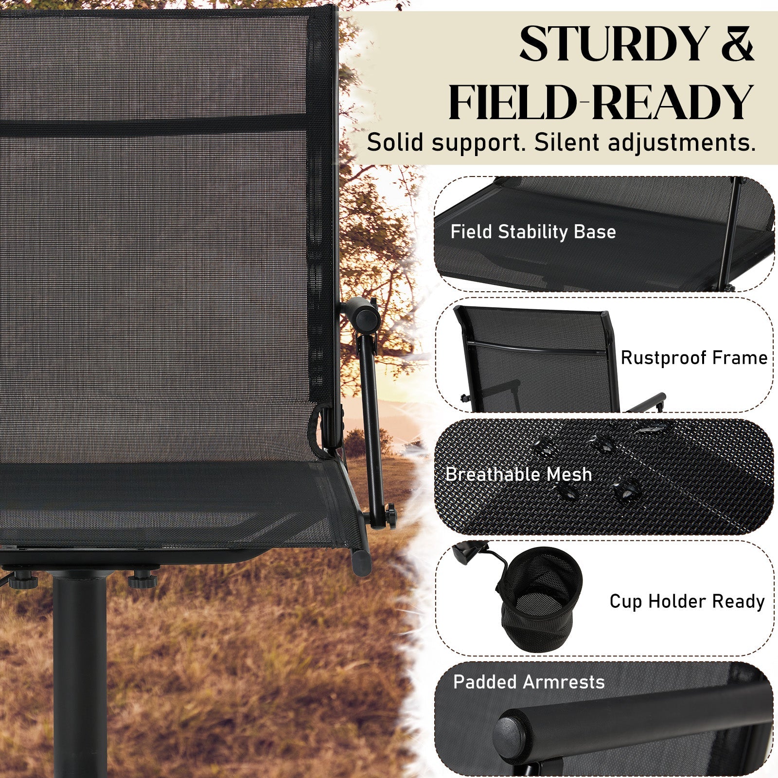 AECOJOY Tall Hunting Bar Chair, 360° Swivel, Compact Folding Design for Hunting Blinds